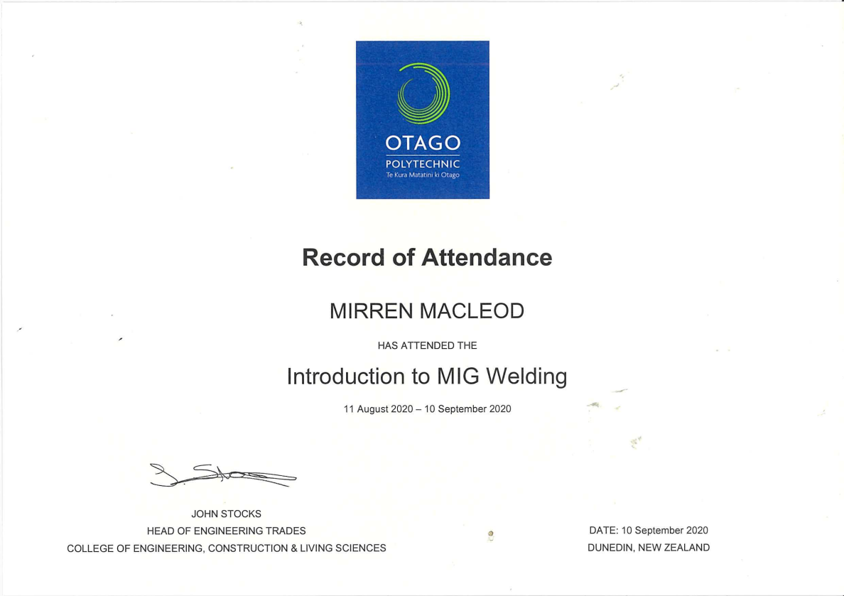 Certificate to Mig Welding